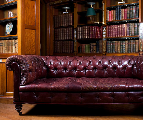 luxurious red leather sofa in a cozy library with wooden shelves and books for a sophisticated living space