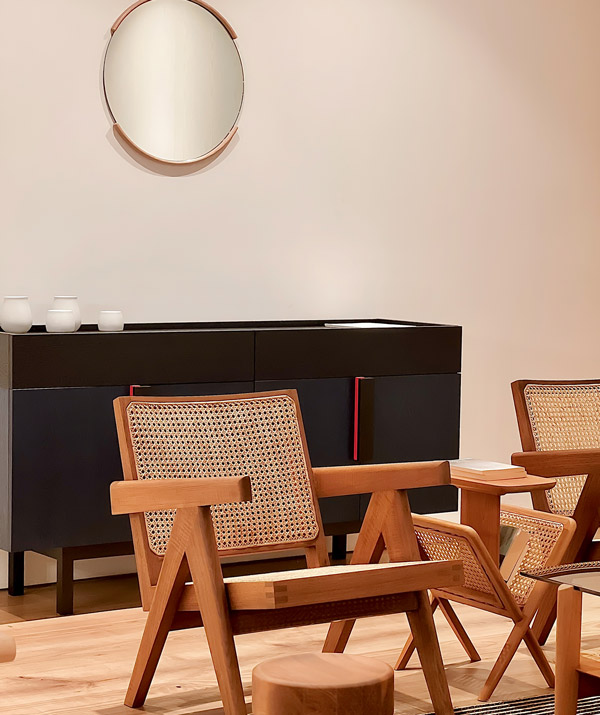 retro wicker chair in living room, minimal design